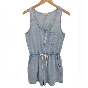 Entro Cotton Chambray Drawstring Romper Scoop Neck Sleeveless Casual Retro S